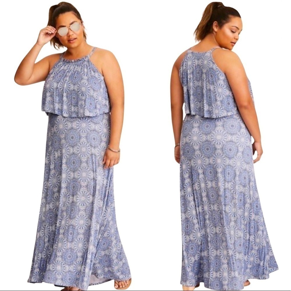 Torrid Medallion Print High Neck Jersey Blue and White Maxi Dress Size 1X